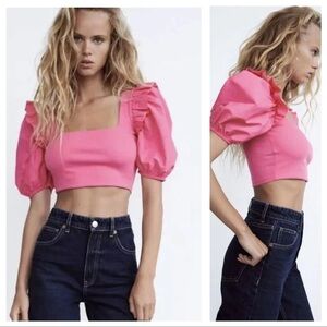 ZARA Pink Puff Balloon Sleeve Ribbed Crop Top Sz S Ruffle Feminine